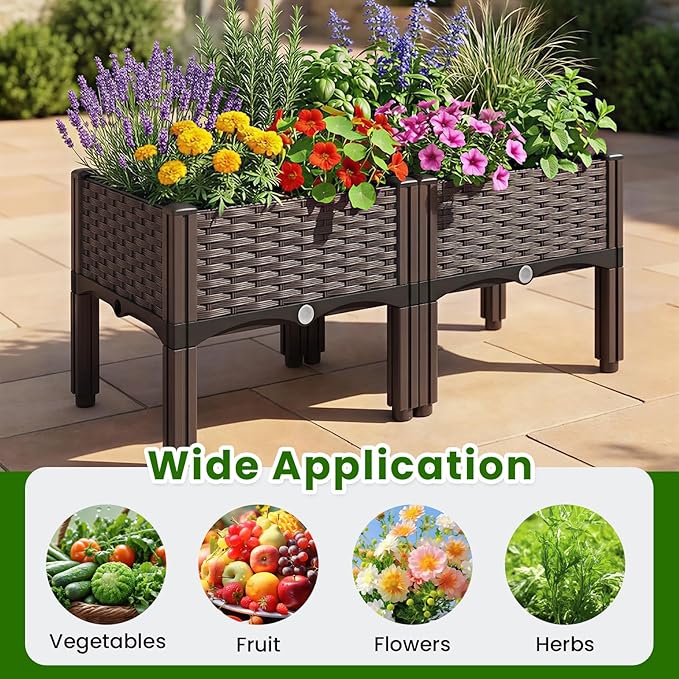 4Pcs Plastic Raised Garden Bed62.4×15.6×14.4 Elevated Wicker Planter Box with Self-Watering System Plants Garden Boxes with Legs for Growing Fresh VegetablesFruitFlowers and Herbs