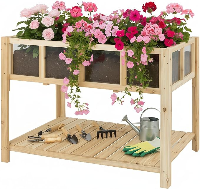 PetsCosset Raised Garden Bed with Legs Elevated Planter Box Stand with Storage Shelf &amp Observation Panels for Backyard Patio Balcony No Bending Design (Natural Wood)