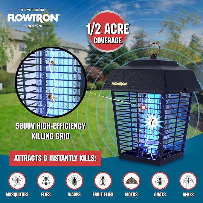 Flowtron Electric Bug Zapper 1/2 Acre Outdoor Insect Control with Dual Lure Method 15W UV Light &amp Octenol Attractant for Fly &amp Mosquito 5600V Kill Grid Made in USA UL Certified