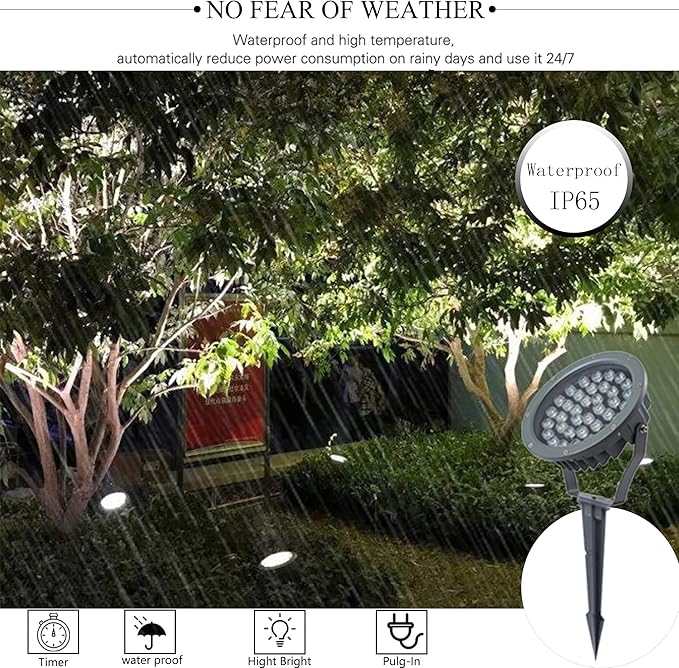 Outdoor LED Spotlight Waterproof Bright Outdoor Landscape Automatic Timer Mini Lawn Lamp 36W Graden Lights with Ground Stake Lawn Accent Lighting with Plug Courtyard Flag Light Warm White