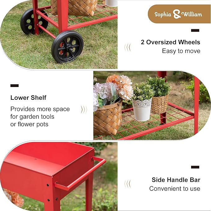 Sophia &amp William Planter Raised Beds with Legs and Wheels Outdoor Metal Planter Box Elevated Garden Bed with Lower Shelf for Vegetables Flower Herb Red