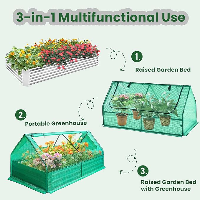 3-1 Galvanized Raised Garden Bed 73 x 37.4 x 36 inch Greenhouse Cover Outdoor Garden Yard Greenhouse Tent with Zipper Doors Garden Bed Planter Kit Box for Growing Flowers Fruits Vegetables