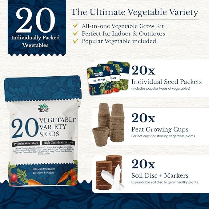 20 Vegetable Seeds Variety Pack - Complete Grow Kit Heirloom Vegetables Indoor Outdoors Vegetable Seeds Tomatos Broccoli Carrots Lettuce &amp More - DIY Starter Kit (Complete Starter Kit (w/Seeds