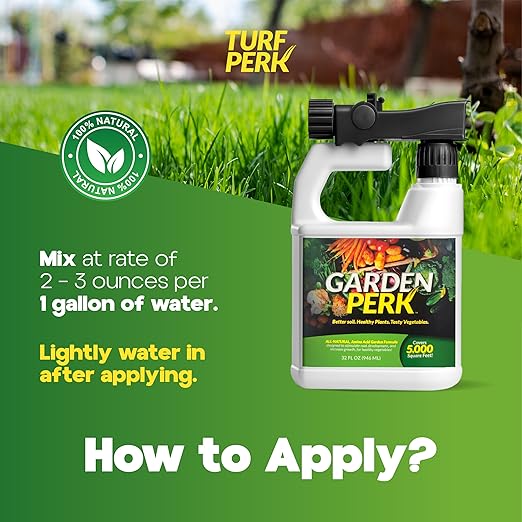 Turf Perk Garden Perk All Natural Liquid Solution – 32 fl oz Hose-End Spray – Concentrate Makes Up to 32 Gallons – Plant &amp Vegetable Nutrient Formula – Lawn &amp Garden Use – Safe for Pets