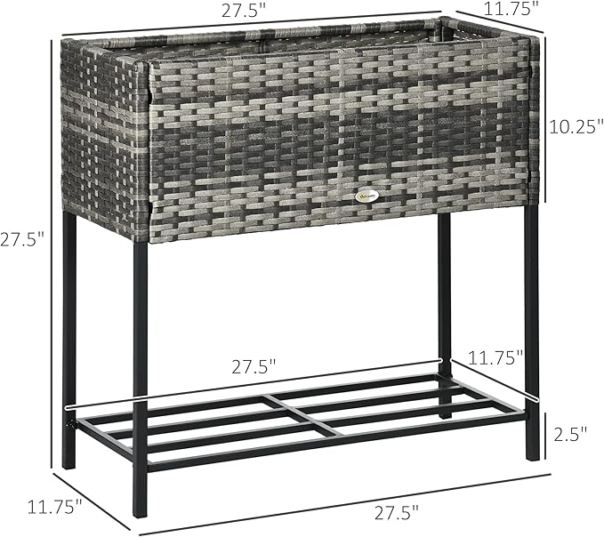 Raised Garden Bed Elevated Planter Box with Rattan Wicker Look Tool Storage Shelf Portable for Herbs Vegetables Flowers Gray
