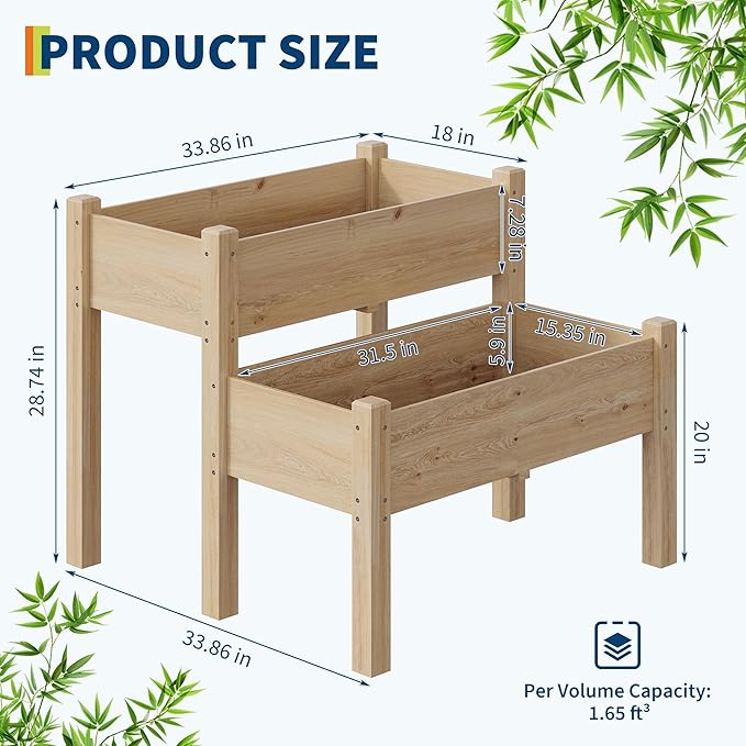GarveeLife 34x34x29inches Two-Tier Wooden Raised Garden Bed with Legs Large Elevated Outdoor Planter Box with 8 Drainage Holes 352 Lbs Capacity for Vegetables Herbs Flowers Backyard Patio