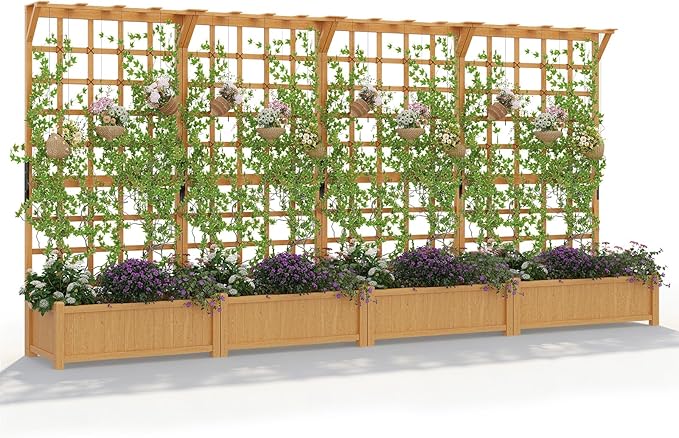 Aoxun 144 Raised Garden Bed with Trellis Wood Planter Container with Hanging Roof &amp Garden Boxes for Climbing Plants Flowers Vine (4 piece)