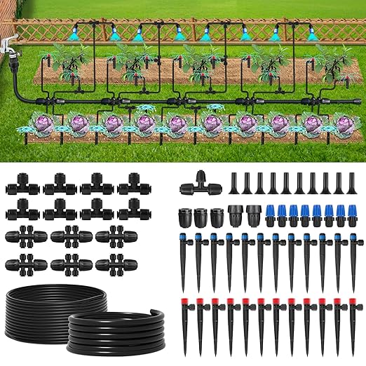 250FT Drip Irrigation System Kit Automatic Garden Watering System with 1/2 Hose and 1/4 Distribution Tubing-Adjustable Nozzles &amp Sprinklers for Garden Irrigation Yard Lawn Potted Plants。