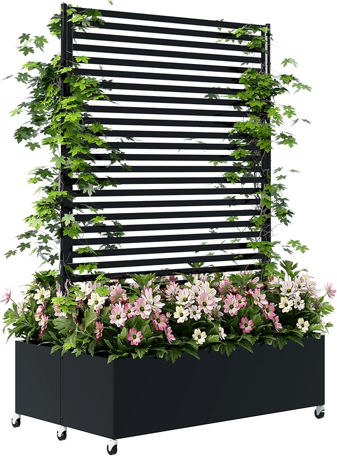 Double Metal Planter Box with Trellis Privacy Screen Raised Garden Bed with Trellis &amp Wheels Planter Box Outdoor with Drainage Holes for Climbing Plants Vines73x 47x 30 Black