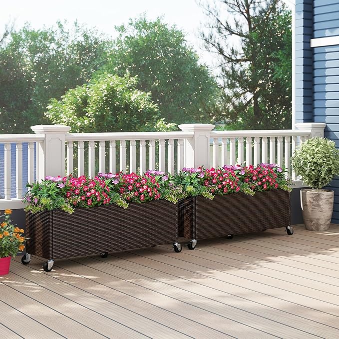 Raised Garden Bed with Wheels - All-Weather PE Rattan Wicker Elevated Garden Bed with Removable Liner &amp Lockable Wheels Indoor Outdoor Planter Box for Vegetable Flower Herb Fruit (1)