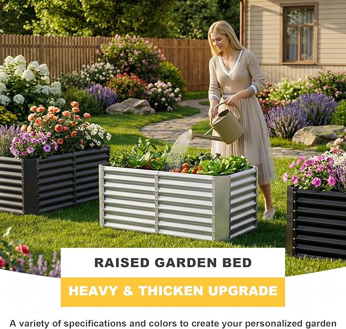 AHEONLAR 3 Pack 4×2×2ft Galvanized Raised Garden Beds Rectangle Durable Planter Boxes Outdoor for Vegetables Fruits Flowers and Plants Quick Assembly Silver