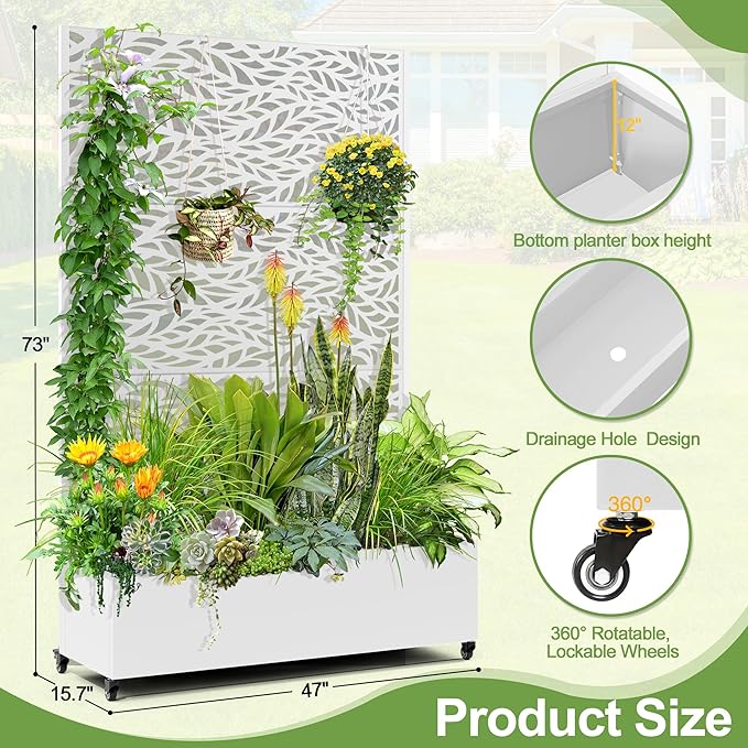 Raised Garden Bed with Trellis and Wheels73x47x16 Metal Raised Garden BedWhite Flowing Leaf Metal Planter with Climbing Trellis for Vines &amp Vegetables