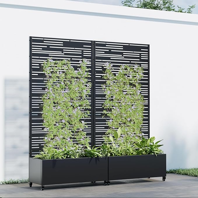 Casaphoria 72x35 Metal Raised Garden Bed with Trellis(2 Pack) Outdoor Planter Box with Wheels &amp Drainage Holes for Climbing Plants Flowers Elevated Garden Kit with Privacy Screen Black-Shine