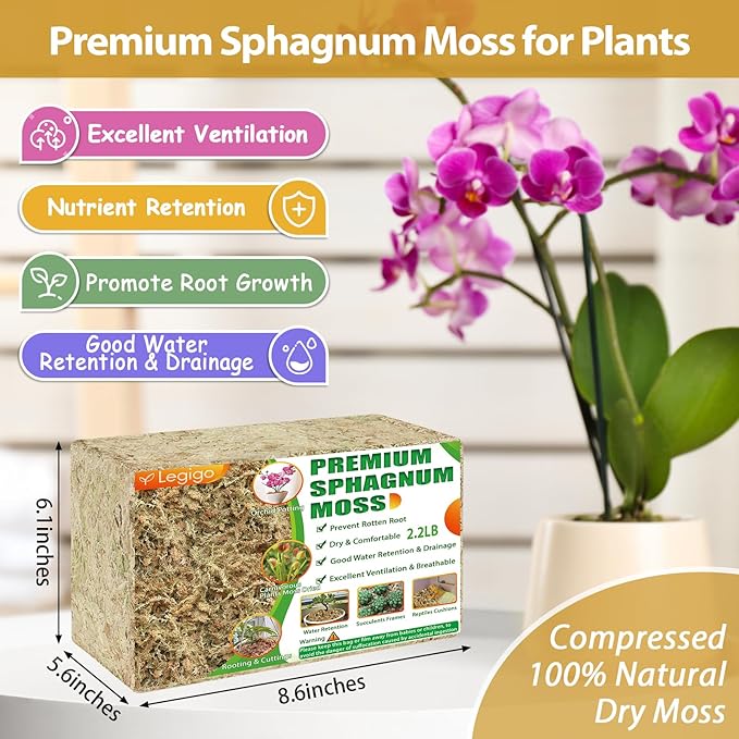 Legigo 2.2LBS Premium Sphagnum Moss for Plants- 40QT Natural Succulent Carnivorous Plant Moss Dried Long Fiber Orchid Moss for Orchid Repotting Succulent Sarracenia Potted Plants Gardening &amp Rept