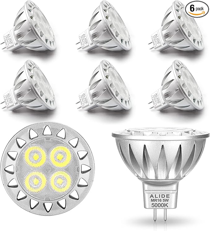 ALIDE 5W MR16 5000K Daylight White Led Bulbs GU5.3 MR16 20W 50 Watt Halogen Replacement 12V Low Voltage Light Bulb for Accent Outdoor Landscape Track LightingNot Dimmable500lm38 Deg6 Pack