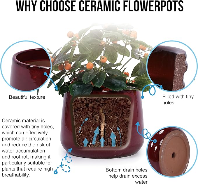 Handmade Ceramic Flower Pot Set of 4 791114 Inch Diameter Deep Red Speckled Glaze for All Flowers IndoorOutdoor Use on Windowsill Bookshelf Breathable Clay
