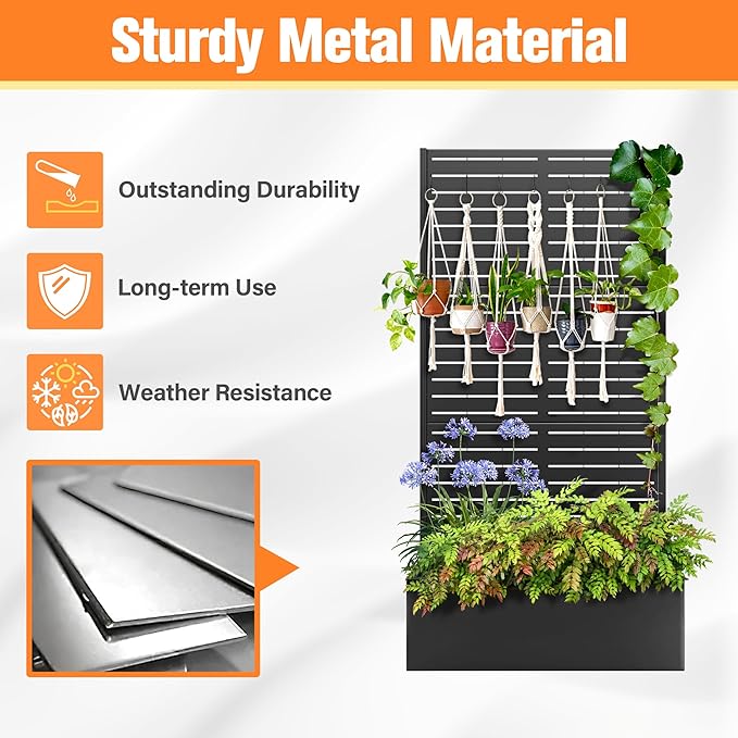 Metal Planter Box with Trellis Raised Garder Bed with Drainage Hole Privacy Screen &amp Trellis for Climbing Plants Outdoor Plant Stands 35''L×16''W×71''H Black