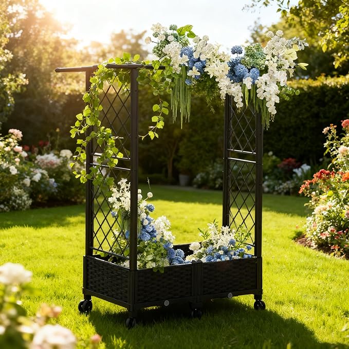 Mobile Planter Box with Trellis Vertical Garden Bed with Wheels for Climbing Plants Indoor Outdoor Vegetable Flower Pot for Balcony Patio Backyard Brown