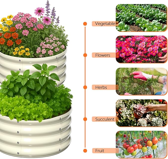 VINGLI 2 PCS Galvanized Raised Garden Beds Outdoor 2x2x1ft Round Raised Planter Boxes Outdoor Metal Raised Garden Bed for Vegetables (White)