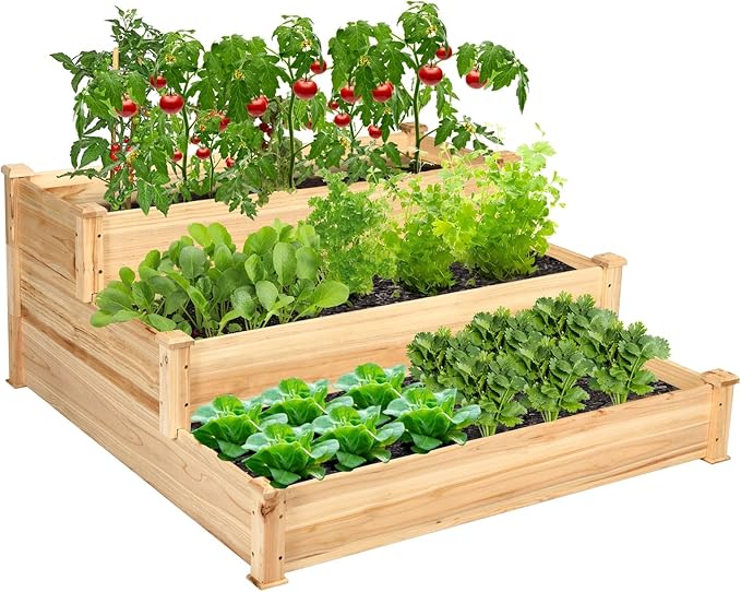 COSTWAY 3-Tier Raised Garden Bed Wooden Elevated Planter Box for Vegetables Flowers Herbs Fruits Outdoor Growing Planter Box Stand for Garden Backyard Patio Balcony