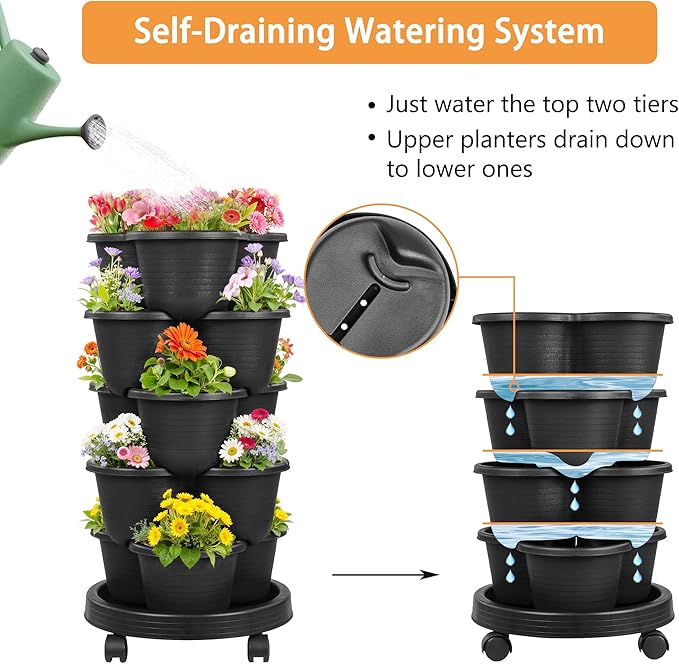 VECELO 5 Tier Vertical Garden Planter Self Watering Stackable Planters with Wheels for Strawberries Herbs Flowers Vegetables Black