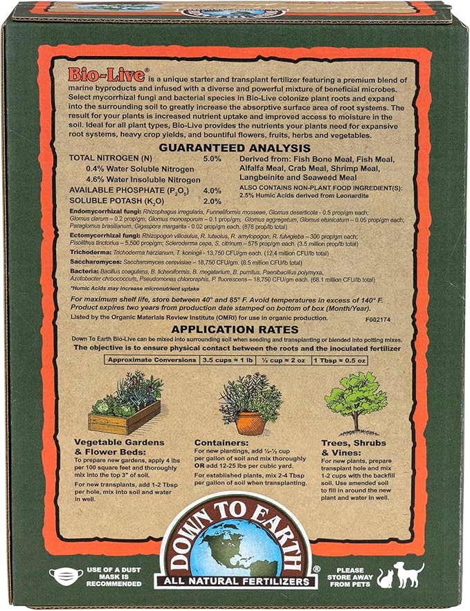 Down To Earth All Natural Fertilizers Organic Bio-Live Starter &amp Transplant Mix with Mycorrhizal Fungi and Benefical Microbes for Plant Food 5-4-2 4 lb