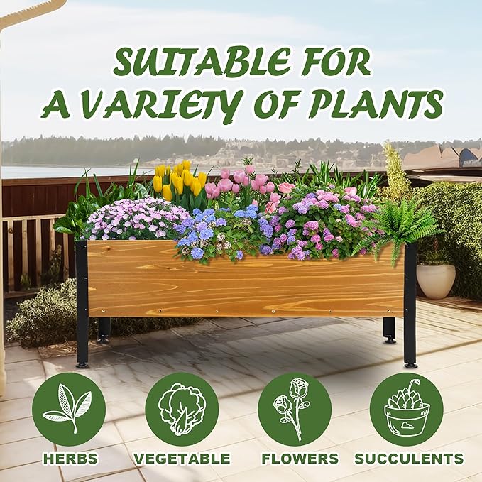 Wood Rectangular Garden Planter Box Raised Bed OutdoorPlanters for Outdoor Plants 37x13x15in Elevated Herbs Vegetables Flowers Great Patio Deck Balcony (37x13x15in Brown)