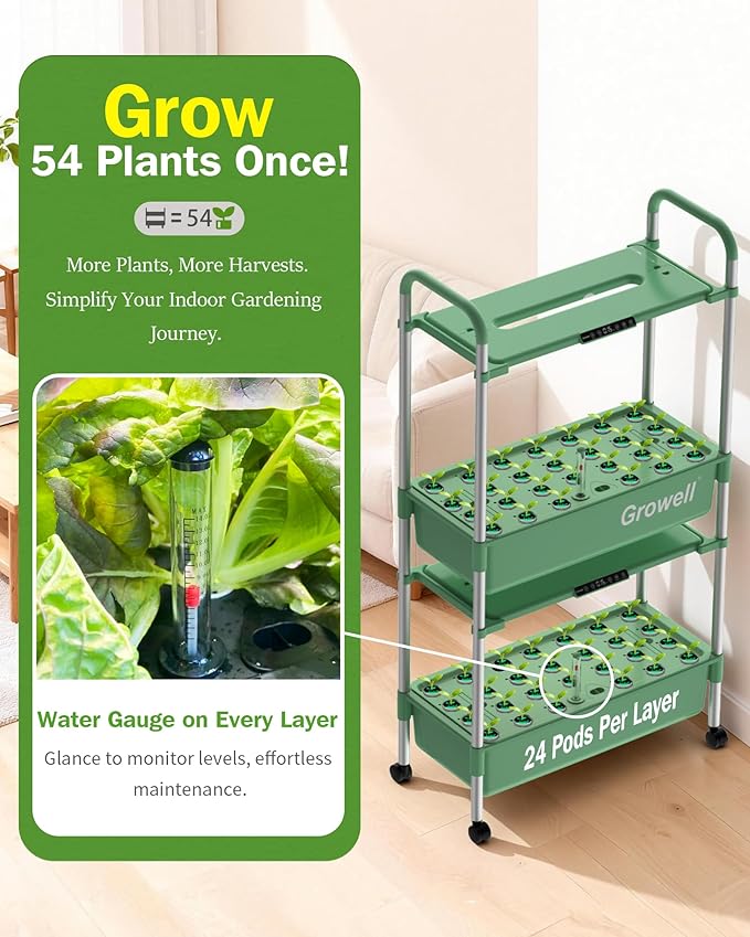 Large Hydroponics Growing System Kit Vertical Indoor Herb Garden Kit with LED Grow Light &amp Independent Water Pump 28L Movable Indoor Planter Perfect Gardening Gifts (2 Tier-54 Pods Green)