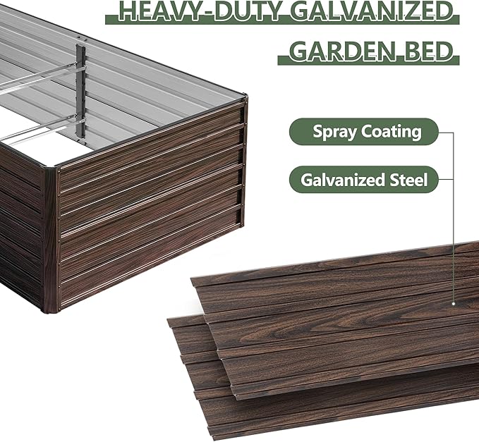 Galvanized Raised Garden Beds 8x4x2FT Outdoor Planter Boxes with Safety Edging and Gloves Rustic Country Style Metal Garden Bed Kit for Vegetables Flower and Fruits (Brown Wood Grain