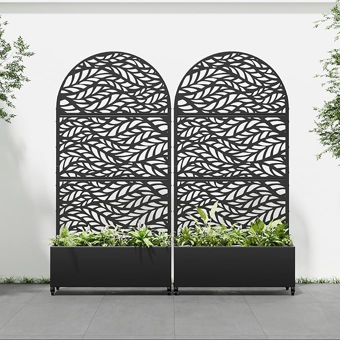 Casaphoria 72x35 Metal Raised Garden Bed with Trellis(2 Pack) Outdoor Planter Box with Wheels &amp Drainage Holes for Climbing Plants Flowers Elevated Garden Kit with Privacy Screen Black-Sprin