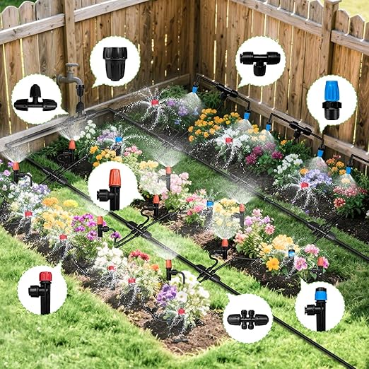230FT Drip Irrigation System for Garden with 40 Nozzles &amp Emitters Garden Watering System with 1/2 &amp 1/4 Tube and Barbed Fittings - Adjustable Sprinklers Kit for Greenhouse Lawn Raised Be