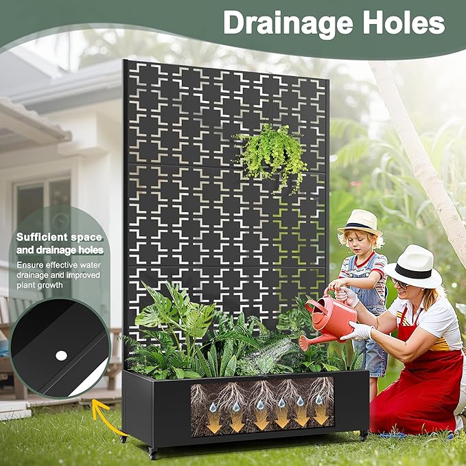 Metal Large Planter Box with Trellis Privacy Screen Outdoor Raised Garden Beds with Wheels for Climbing Plants Vines Outdoor Standing Flower Beds with Drainage Holes (47L Black Square)