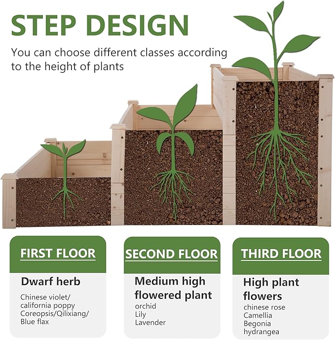 FDW 3 Tier Raised Garden Bed Outdoor Wooden Planter Box 48x48x29 ft Wood Elevated Planter Box with Divided Sections Open-Ended Base for Vegetables Flowers Herbs Plants