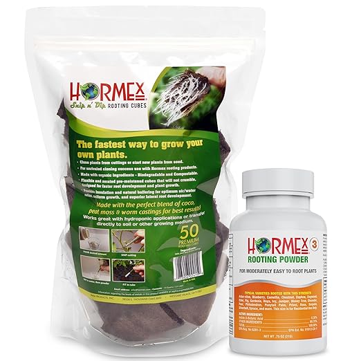 Hormex Rooting Powder #3 &amp Rooting Cubes Combo - Rooting Hormone for Semi-Softwood Cuttings &amp Organic Peat Moss Coco Plugs - Fast Healthy Root Growth for Propagation Hydroponics &amp Seed