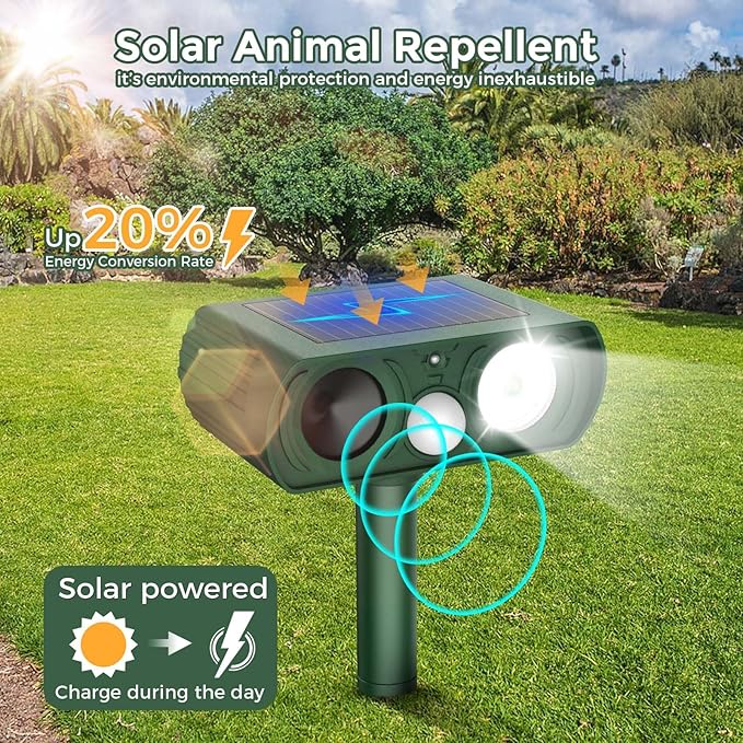 Upgraded Solar Ultrasonic Animal Repellent Outdoor Deer Repellent Devices Squirrel Cat Raccoon Rabbit Dog Deterrent Keep Skunk Away Motion Detection with Flash Light for Yard Garden Lawn 1PACKGreen