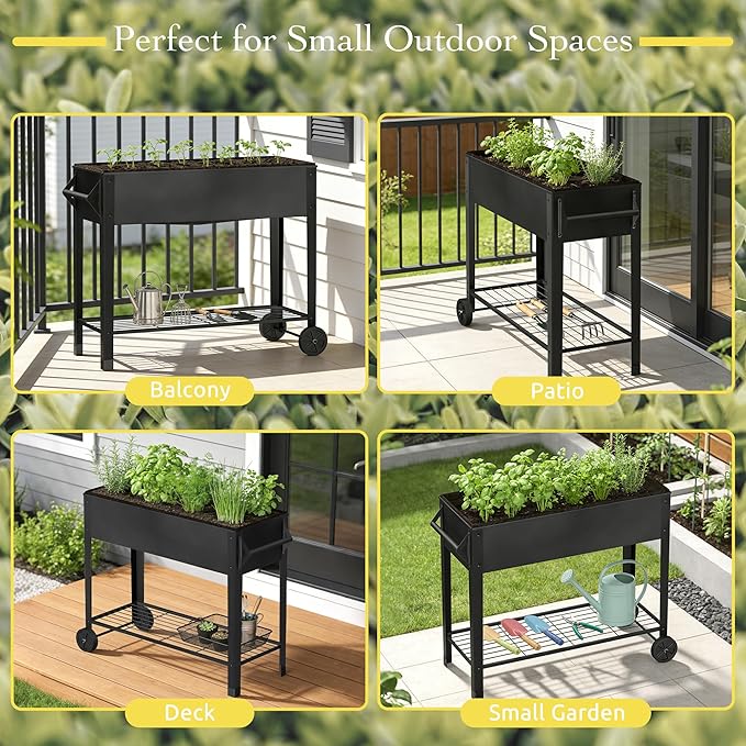 Elevated Raised Garden Bed 31.5 Tall 1mm Thick Metal Planter Box with Grow Bag Legs Storage Shelf for Gardening 700lbs Capacity Rolling Outdoor Cart on Wheels for Vegetable Flower Herb