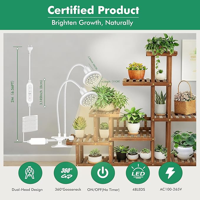 IMVSINCERE Desktop LED Grow Lights for Indoor Plants2×10W E27 Full Spectrum Dual Gooseneck Clip Plant Grow Light with Optical Lens for High PPFD 3500K+660nm Growing Power Lamp4/8/12H Timer