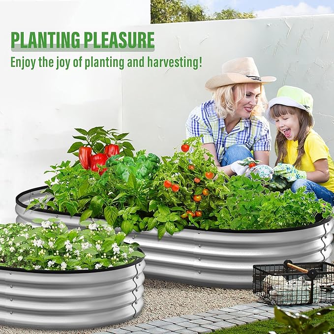 Crownland Outdoor Garden Metal Raised Garden Beds Oval Galvanized Planter Box Rubber Edge Guard for Patio Growning Fresh Vegetables Flowers Herbs and Succulents(8ft*4ft*1ft) Silvery