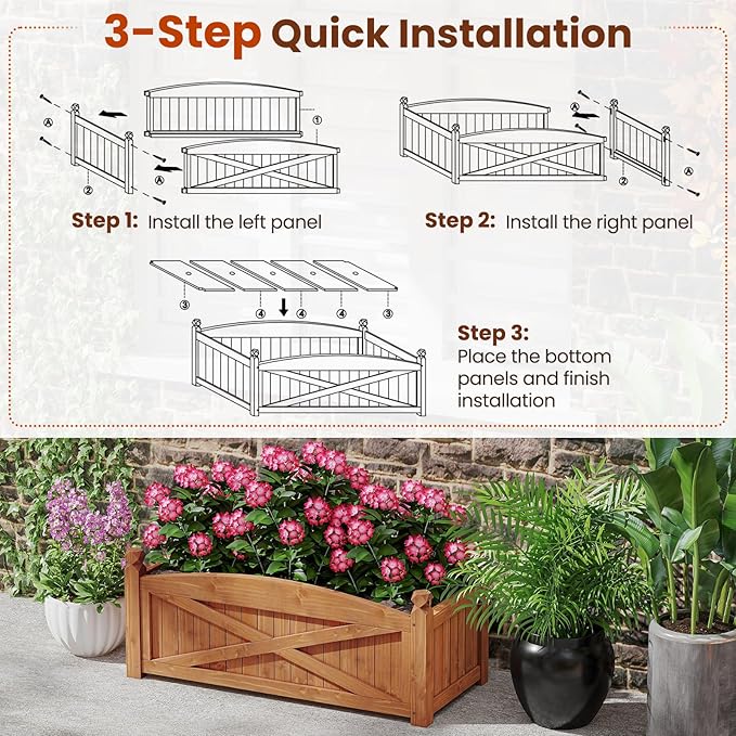 Raised Garden Bed 36”L x 16”W x 15”H Wooden Planter Box w/Drainage Holes &amp Removable Base Rectangular Garden Bed for Flowers Herbs Vegetables Fruits Patio Balcony Yard