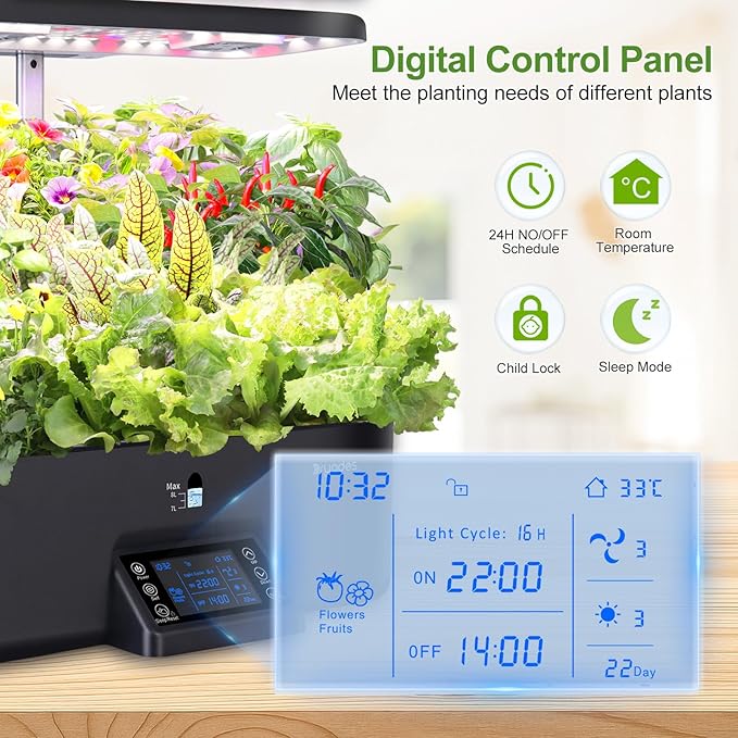 17-Pods Hydroponic Growing System with Dual Fans 24W Full-Spectrum Grow Light &amp Smart Control Panel for Indoor Gardening for Vegetables Herbs