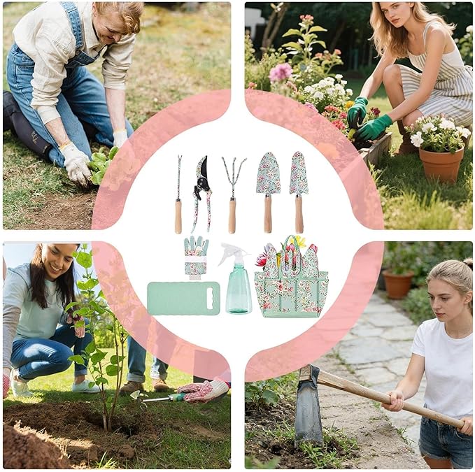 Women's Garden Tools Floral Pattern Hand Tools Rake Trowel Gloves Set Sturdy Small Gardening Kit for Flower Beds Planting Digging Outdoor Yard Home Trimming Ergonomic Comfortable Design