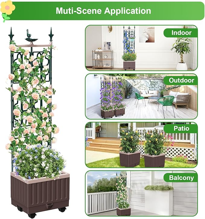 Raised Garden Bed Planter Boxes with Trellis61.4 Self-Watering Trellis with Planter Box for Climbing Plants Flowers Vegetables with WheelsUse for Indoor Outdoor