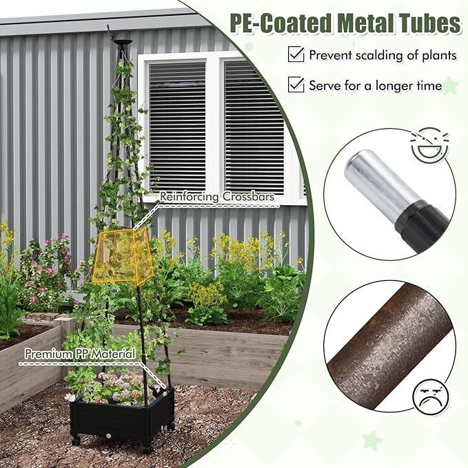 Giantex Set of 2 Rolling Raised Garden Bed with Climbing Trellis Obelisk &amp Bird Top 11 Fasten Straps Gloves Planter Garden Boxes on Wheels Self-Watering System PE-Coated Metal Rack