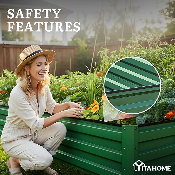 YITAHOME 4pcs 12x4x1 ft Galvanized Raised Garden Bed Kit Large Metal Planter Box with Gloves Safety Rubber &amp Support Rod Outdoor Flower Bed for Plants Vegetables Green