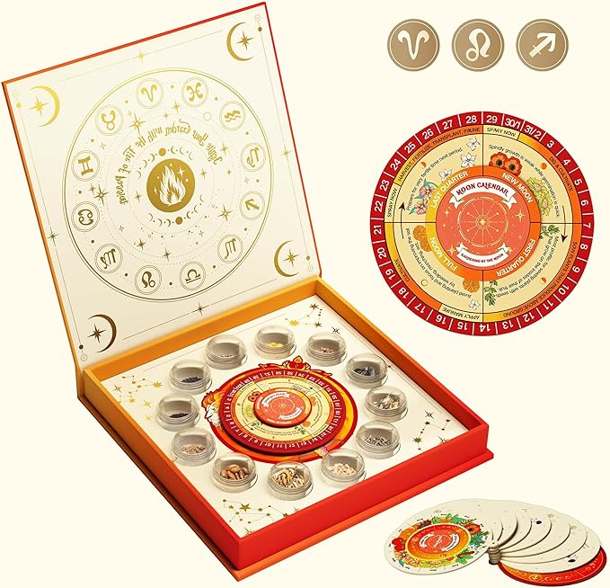 Lush&ampDew Zodiac Garden Seed Bank Gardening Gifts for Women Men 12 Varieties Non-GMO Heirloom Vegetables Flower Seeds Witchcraft Supplies with Moon Calendar for Fire Signs USDA Zone 3-11