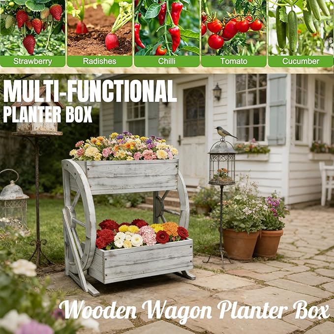 Wooden Wagon Garden Planter Box with Wheels-Indoor/Outdoor Decor for Patio Backyard Balcony-Country Farmhouse Flower Box-2 Tier Rustic Garden Raised Bed for Flowers Herbs Vegetables