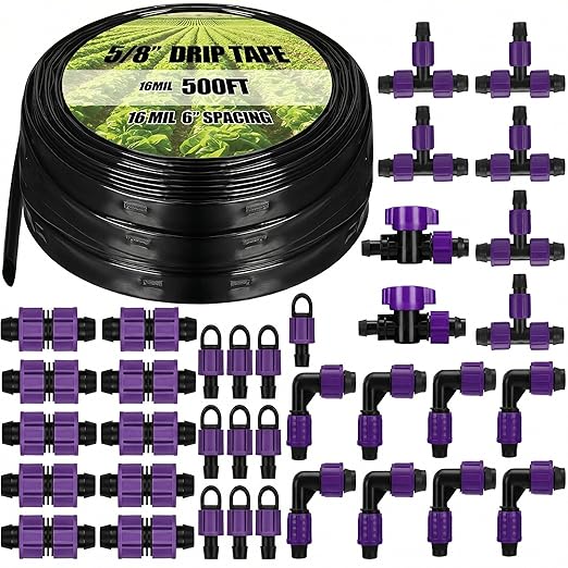 Tondiamo 500' 5/8 Inch Drip Tape Irrigation Tubing Kit 16 Mil 6 Spacing Garden Hose Watering Tube Line Automatic Equipment for Garden Irrigation System Farms Landscape Lawn