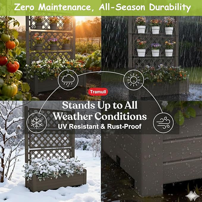 5.3' Tall Raised Garden Bed with Trellis Self Watering Planter Box for Outdoor Climbing Plants Resin Garden Lattice for Vegetables Flowers Tomato &amp Vine with Drainage Holes (Coffee 4 pack)