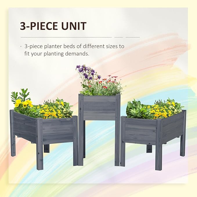 Outsunny Raised Garden Bed Set of 3 Wooden Elevated Planter Box with Legs and Bed Liner for Backyard and Patio to Grow Vegetables Herbs and Flowers Gray