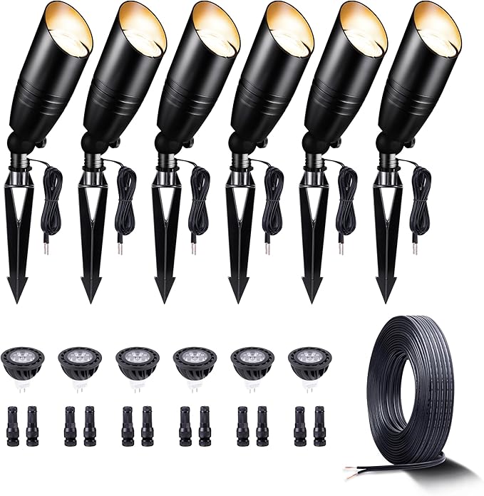 12V Landscape Spotlight Bundle - 6 Pack Spotlight 65FT 16/2 Cable Outdoor Waterproof LED Fixture for Garden Wall Tree with 5W 2700K Warm White MR16 Bulb